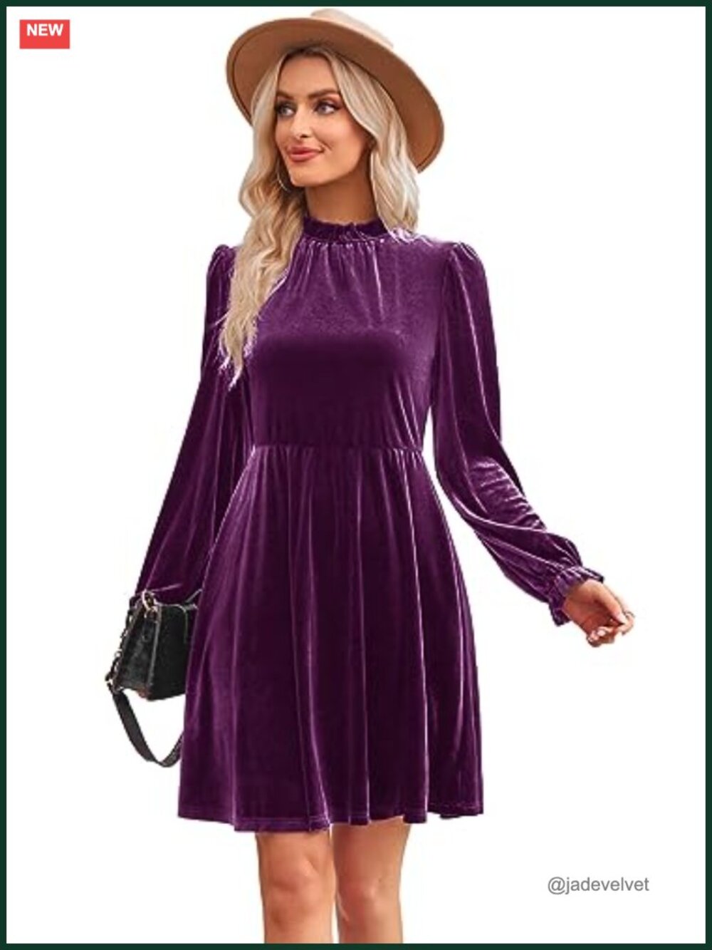 Women's Velvet Fit & Flare Mini Dress Long Sleeve Ruffle Neck Wedding Guest - Picture 3 of 5